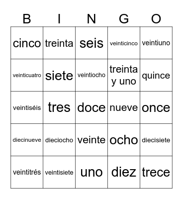 Números:  1-31 Bingo Card