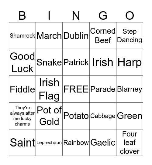 St. Patrick's Day  Bingo Card