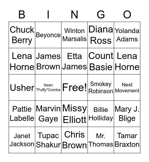 Famous African American Musician and Singers Bingo Card