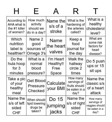 CAS Heart Healthy BINGO Card