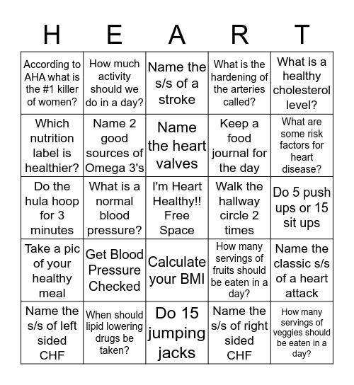 CAS Heart Healthy BINGO Card