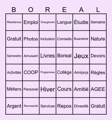 Bingo Boreal Bingo Card