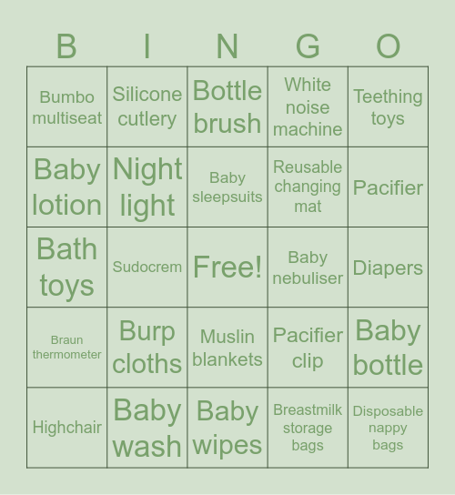 Nicola's Baby Shower Bingo Card