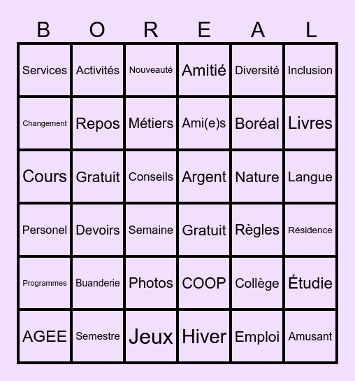 Bingo Boreal Bingo Card