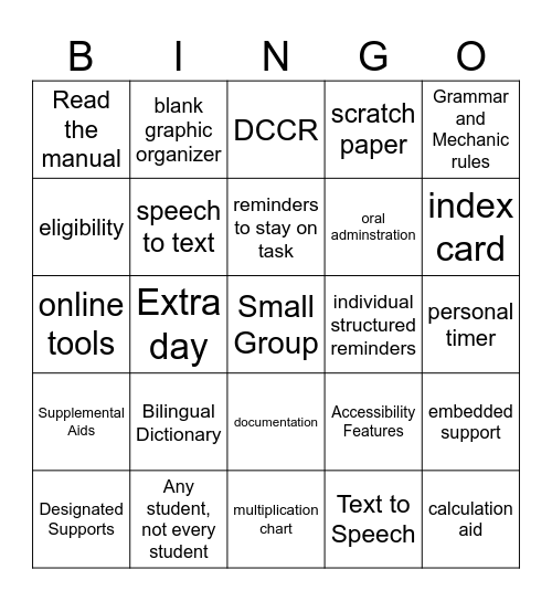 Accessibility Bingo Card