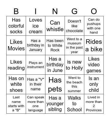 Middle School BINGO: Find someone who... Bingo Card