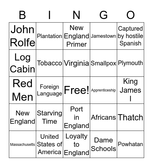 Colonial America Bingo Card