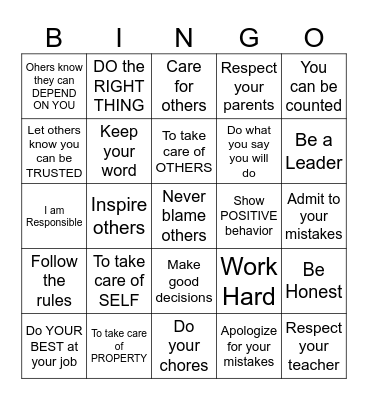RESPONSIBILITY Bingo Card