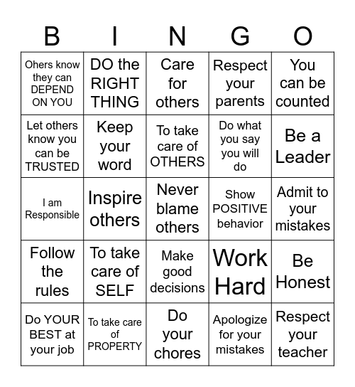 RESPONSIBILITY Bingo Card