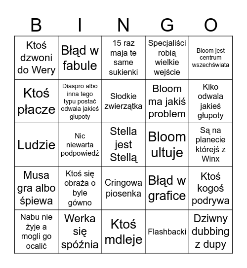 Winx Bingo s6 Bingo Card