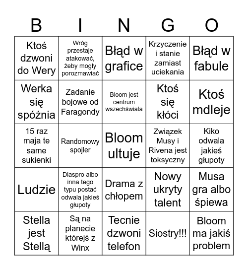 Winx Bingo s6 Bingo Card