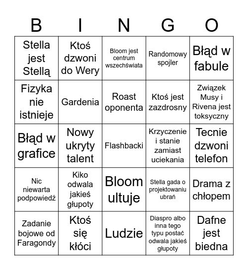 Winx Bingo s6 Bingo Card