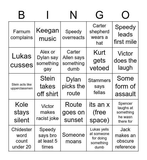 Xc bingo Card