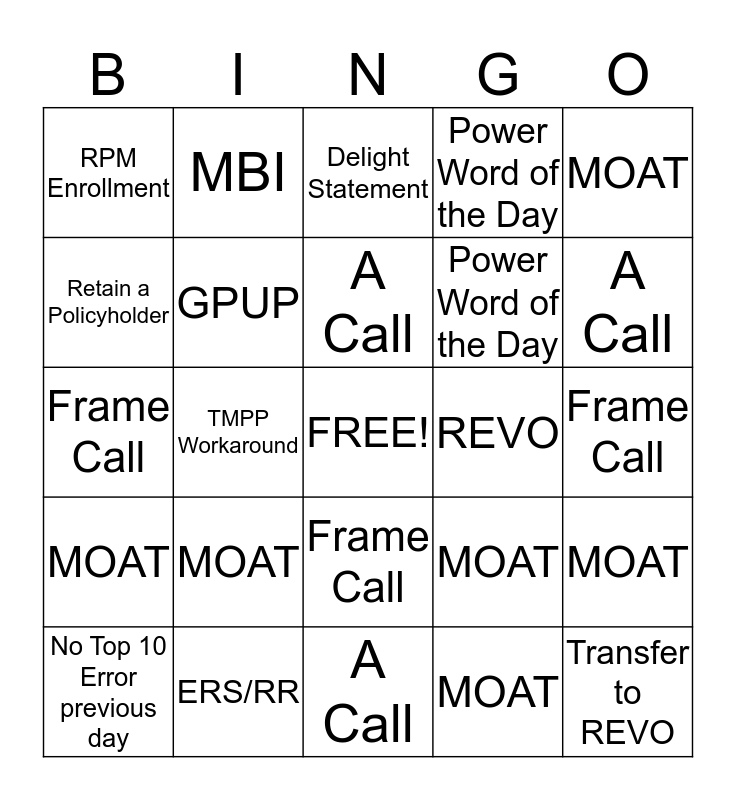Transition Bingo Card