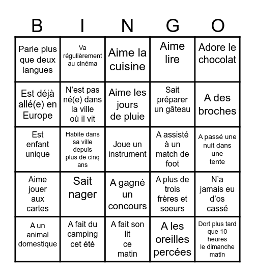Bingo de la connaissance des autres Bingo Card
