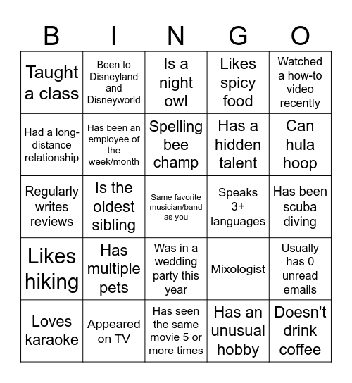 Human Bingo 1 Bingo Card