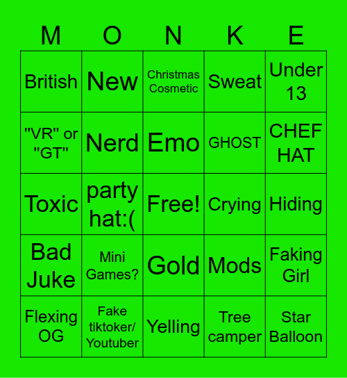 Gorilla Tag Bingo Card