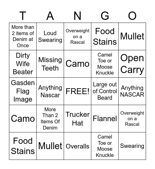 Whiskey Tango Bingo Card