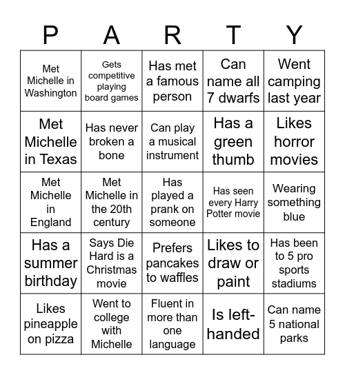 Michelle's 55th Birthday Bingo Card