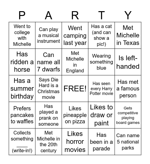 Michelle's 55th Birthday Bingo Card