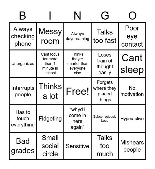 ADHD BINGO Card