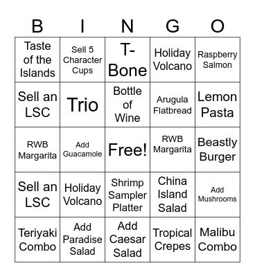 Rainforest Cafe BINGO Card