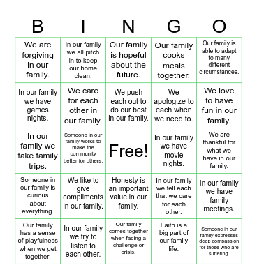 BBBS Family Character Strengths Bingo Card