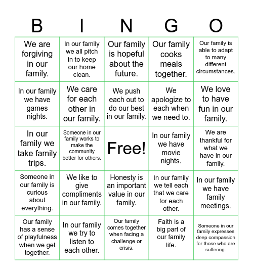 BBBS Family Character Strengths Bingo Card
