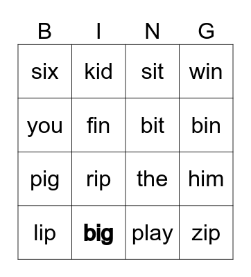 Short i Bingo Card