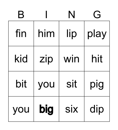 Short i Bingo Card