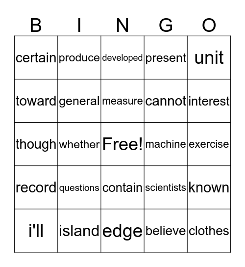 Level 4,5&6 words Bingo Card