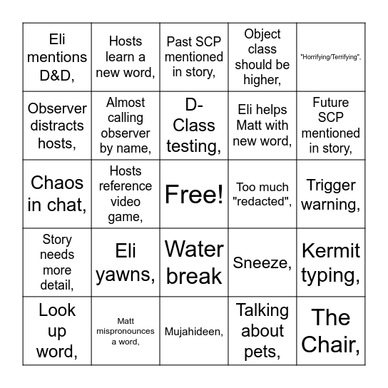 SCT 100th EPISODE Bingo Card