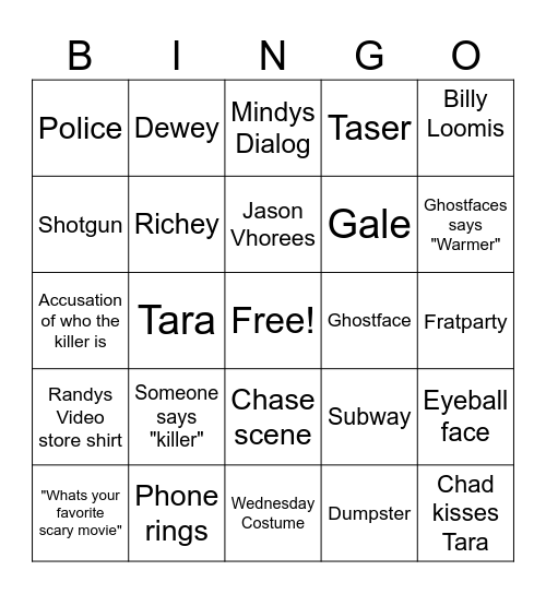 Scream 6 Bingo Card