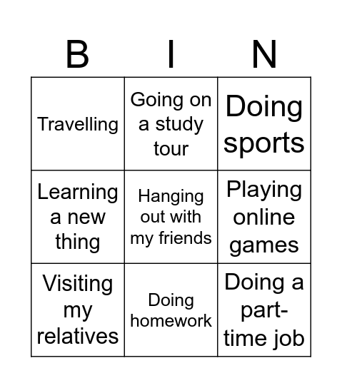 Summer holiday activities Bingo Card