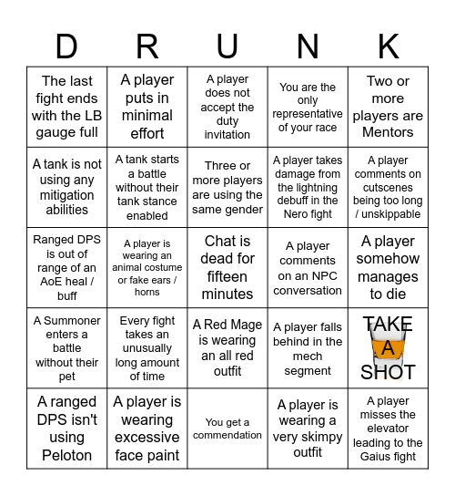 [FF14] Drunk Praetorium Bingo (4-man version) Bingo Card