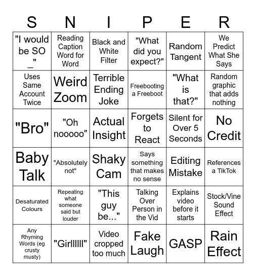 SSSniperwolf Bingo Card