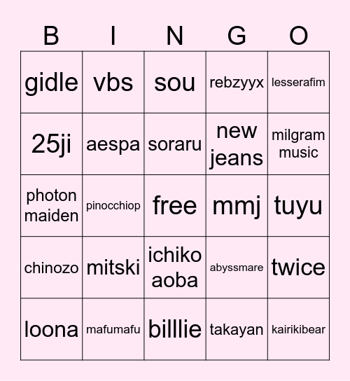 kia’s music taste Bingo Card