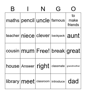 Vocabulary Unit 1 Bingo Card