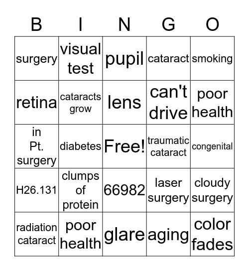 Cataract Bingo Card