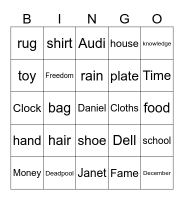 Noun Bingo Card