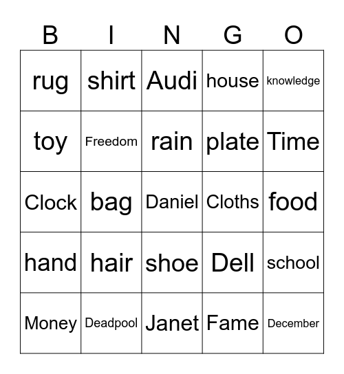 Noun Bingo Card