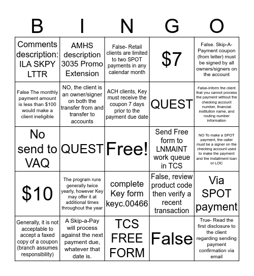 skip pay and payments (transfer) Bingo Card