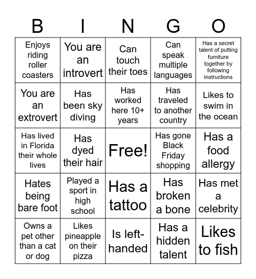 Team Building Bingo Card