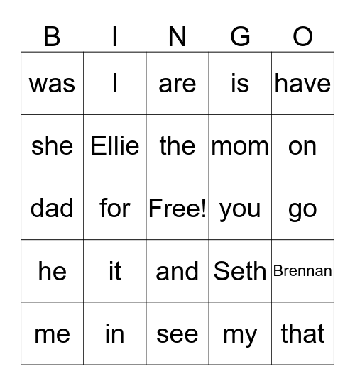 Sight words Bingo Card