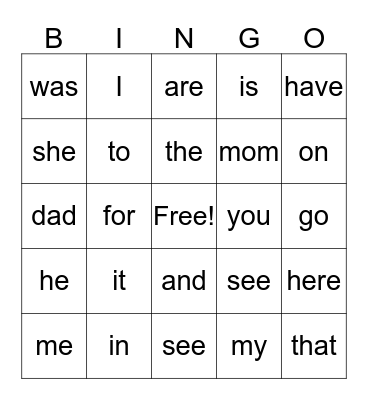 Sight words Bingo Card