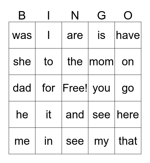 Sight words Bingo Card