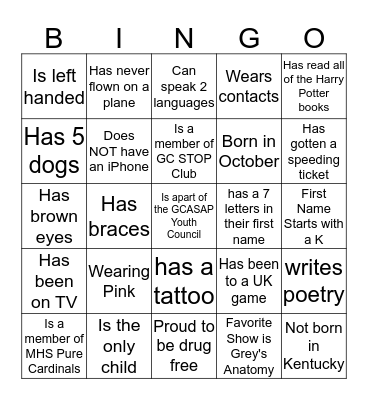 GCASAP Youth Council Bingo Card