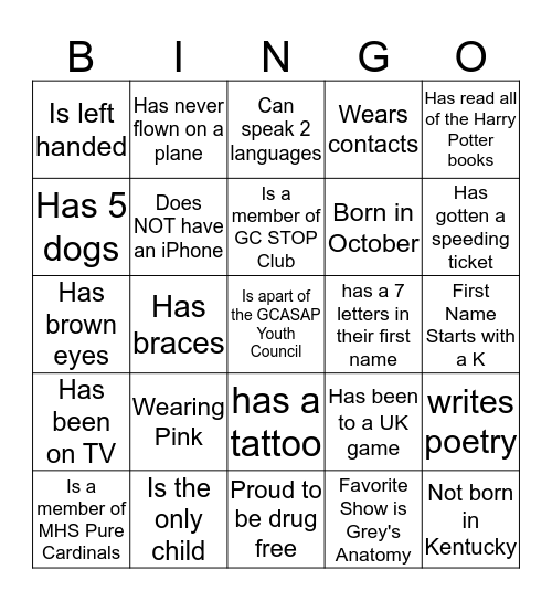 GCASAP Youth Council Bingo Card