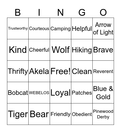 Cub Scout Bingo Card