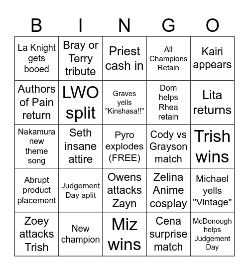 WWE Payback Bingo Card